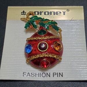 Coronet Gold Tone Red Green Enamel Holiday Ornament Brooch